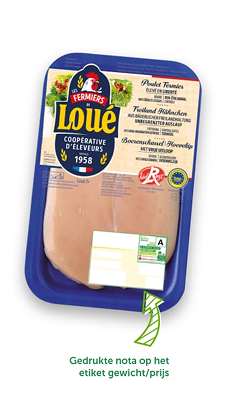 Loué kip met een dierenwelzijnslabel.