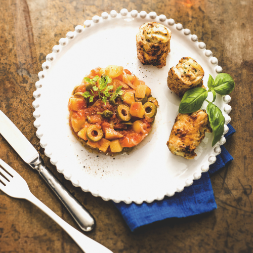 https://www.loue.fr/Pannequets de dinde, tomate mozza, caponata oignon et pomme