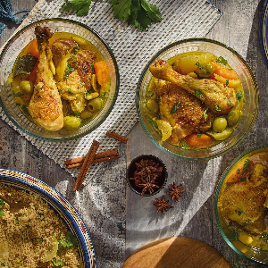 Tajine de poulet de Loué aux olives et citron