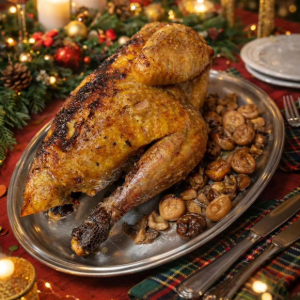 Chapon de pintade de Noël accompagnés de pommes et marrons
